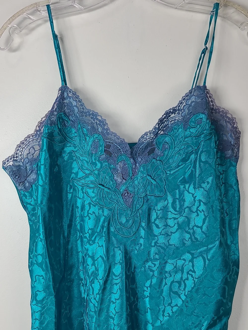 Vintage Erika Taylor Teal Silky Jacquard Lace V-Neckline Spaghetti Strap Slip L - Picture 4 of 12